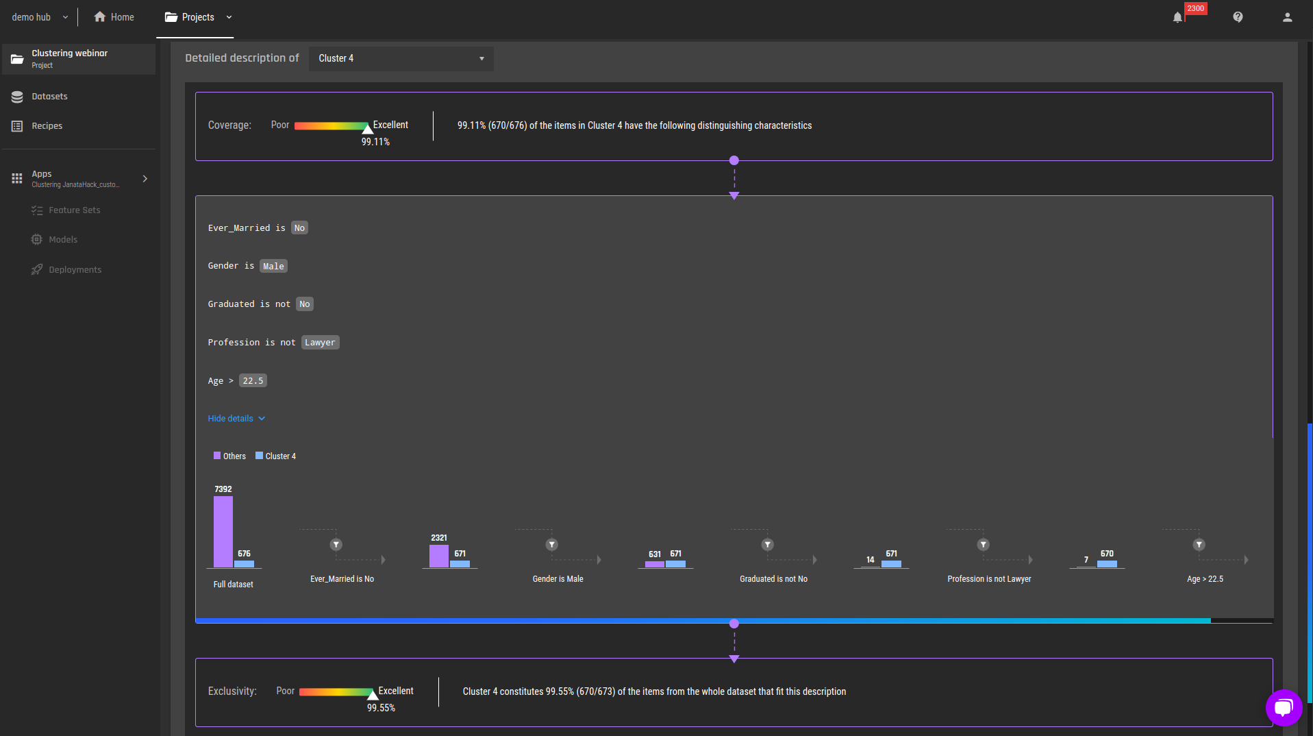 Detailed explanations, cluster 4, with the full filtering details